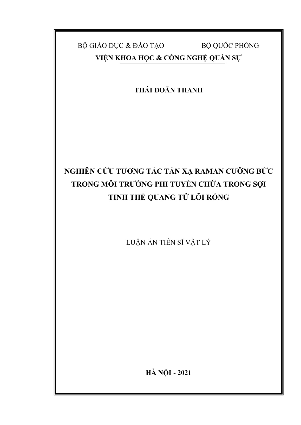 Luận án Nghiên cứu tương tác tán xạ Raman cưỡng bức trong môi trường phi tuyến chứa trong sợi tinh thể quang tử lõi rỗng trang 1