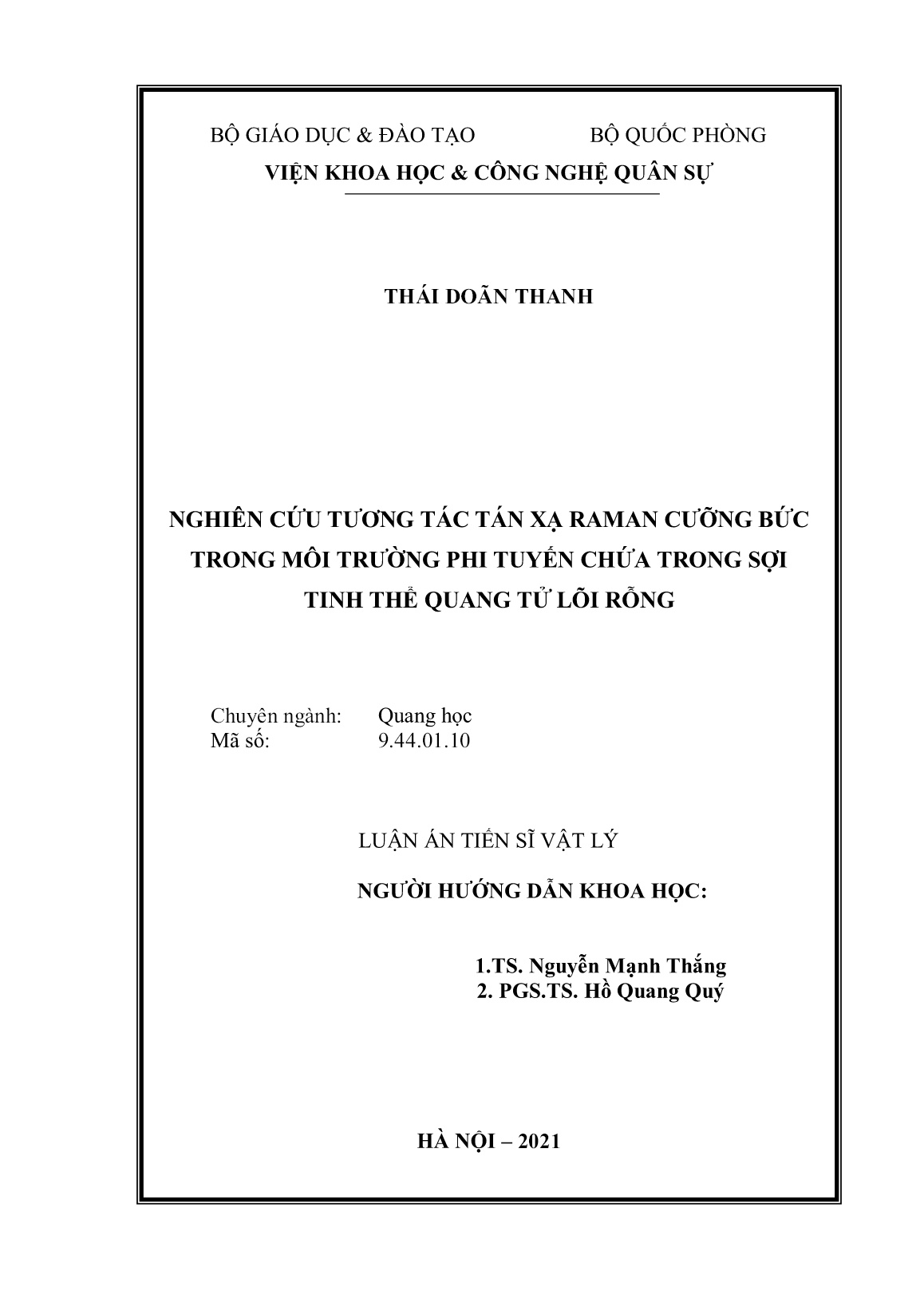 Luận án Nghiên cứu tương tác tán xạ Raman cưỡng bức trong môi trường phi tuyến chứa trong sợi tinh thể quang tử lõi rỗng trang 2