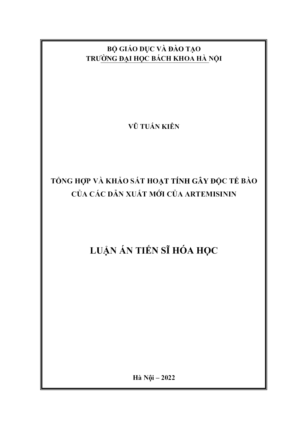 Luận án Tổng hợp và khảo sát hoạt tính gây độc tế bào của các dẫn xuất mới của Artemisinin trang 1