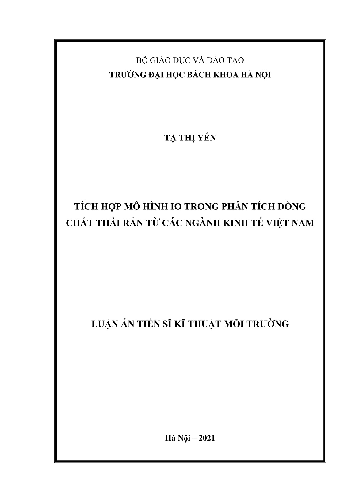 Luận án Tích hợp mô hình IO trong phân tích dòng chất thải rắn từ các ngành kinh tế Việt Nam trang 1