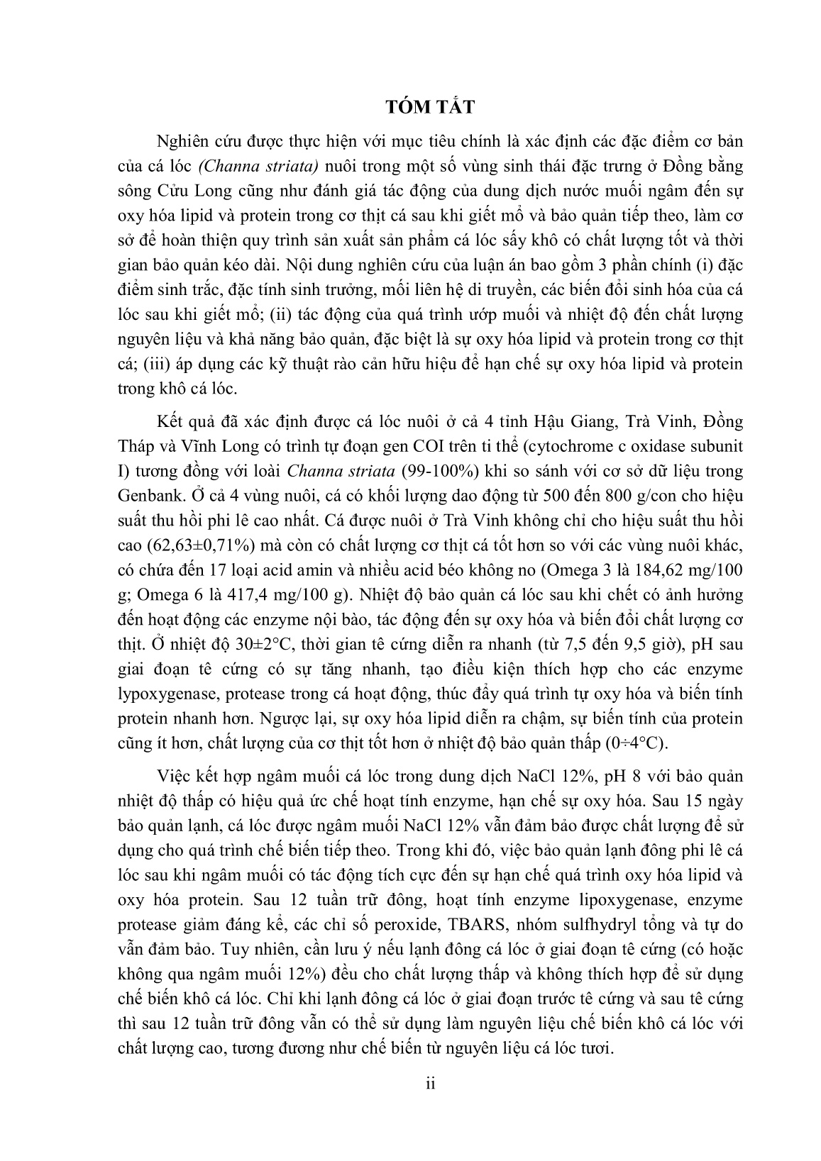 Luận án Nghiên cứu các yếu tố ảnh hưởng đến sự oxy hóa lipid và protein trong thịt cá lóc (Channa striata) nuôi và sản phẩm cá lóc sấy khô trang 4