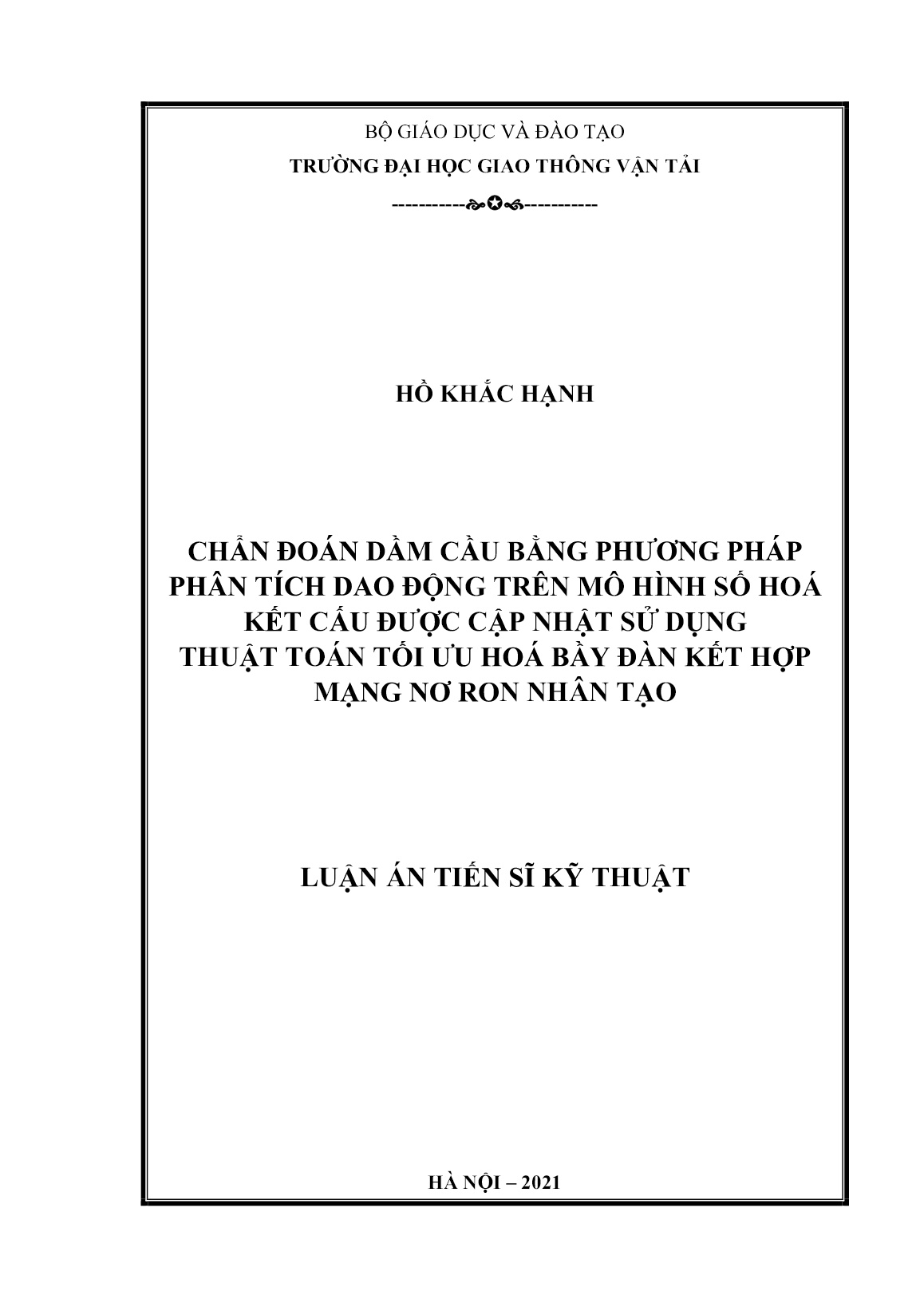 Luận án Chẩn đoán dầm cầu bằng phương pháp phân tích dao động trên mô hình số hoá kết cấu được cập nhật sử dụng thuật toán tối ưu hoá bầy đàn kết hợp mạng nơ ron nhân tạo trang 1