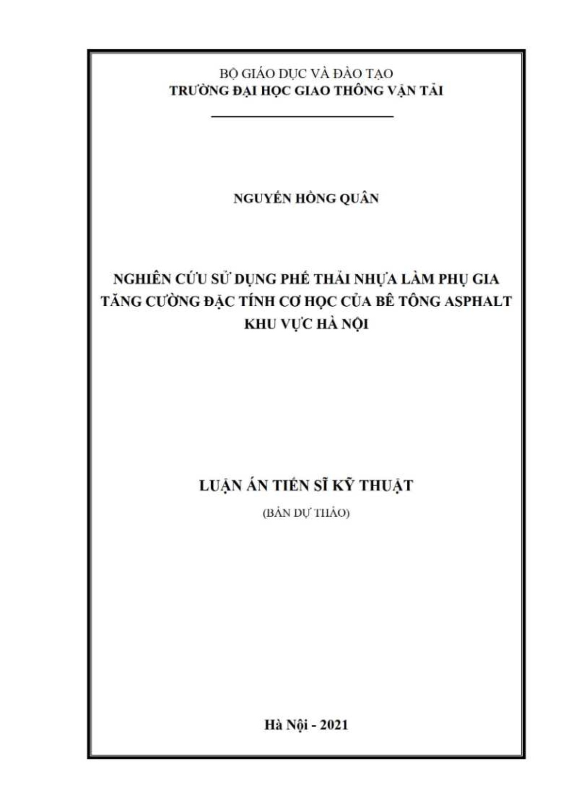 Luận án Nghiên cứu sử dụng phế thải nhựa làm phụ gia tăng cường đặc tính cơ học của bê tông ASPhalt khu vực Hà Nội trang 1