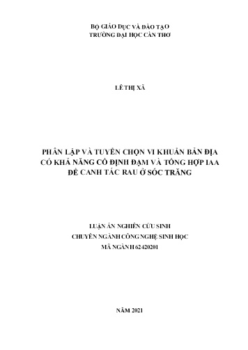 Luận án Phân lập và tuyển chọn vi khuẩn bản địa có khả năng cố định đạm và tổng hợp IAA để canh tác rau ở Sóc Trăng