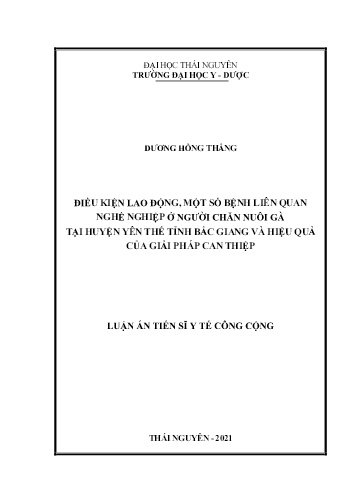 Luận án Điều kiện lao động, một số bệnh liên quan nghề nghiệp ở người chăn nuôi gà tại huyện yên thế tỉnh Bắc Giang và hiệu quả của giải pháp can thiệp