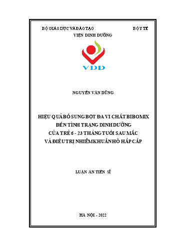 Luận án Hiệu quả bổ sung bột đa vi chất Bibomix đến tình trạng dinh dưỡng của trẻ 6 - 23 tháng tuổi sau mắc và điều trị nhiễm khuẩn hô hấp cấp