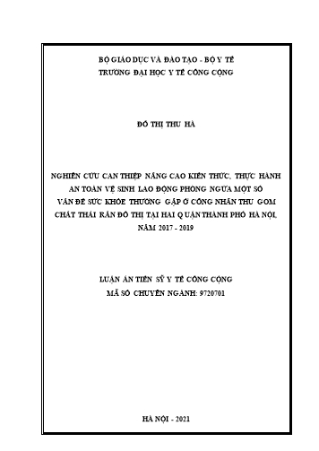 Luận án Nghiên cứu can thiệp nâng cao kiến thức, thực hành an toàn vệ sinh lao động phòng ngừa một số vấn đề sức khỏe thường gặp ở công nhân thu gom chất thải rắn đô thị tại hai Quận Thành phố Hà Nội, năm 2017 - 2019