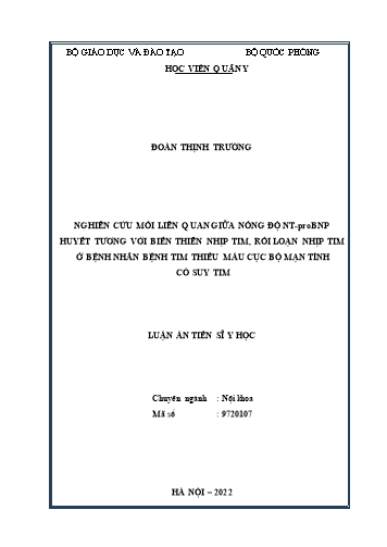 Luận án Nghiên cứu mối liên quan giữa nồng độ NT-proBNP huyết tương với biến thiên nhịp tim, rối loạn nhịp tim ở bệnh nhân bệnh tim thiếu máu cục bộ mạn tính có suy tim