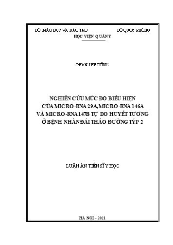 Luận án Nghiên cứu mức độ biểu hiện của Micro-rna 29a, Micro-rna 146a và Micro-rna 147b tự do huyết tương ở bệnh nhân đái tháo đường týp 2