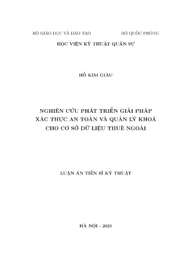 Luận án Nghiên cứu phát triển giải pháp xác thực an toàn và quản lý khoá cho cơ sở dữ liệu thuê ngoài