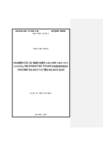 Luận án Nghiên cứu sự hiện diện các Gen cagA, vacA, iceA của Helicobacter Pylori ở bệnh nhân ung thư dạ dày và viêm dạ dày mạn