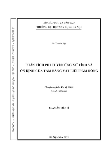 Luận án Phân tích phi tuyến ứng xử tĩnh và ổn định của tấm bằng vật liệu FGM rỗng