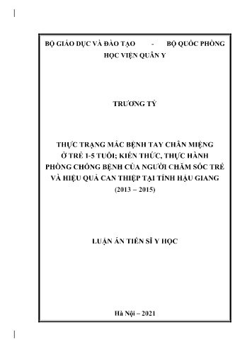 Luận án Thực trạng mắc bệnh tay chân miệng ở trẻ 1-5 tuổi; kiến thức, thực hành phòng chống bệnh của người chăm sóc trẻ và hiệu quả can thiệp tại tỉnh Hậu Giang (2013 – 2015)