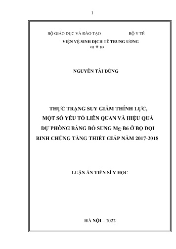 Luận án Thực trạng suy giảm thính lực, một số yếu tố liên quan và hiệu quả dự phòng bằng bổ sung Mg-B6 ở bộ đội binh chủng tăng thiết giáp năm 2017-2018