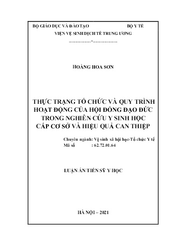 Luận án Thực trạng tổ chức và quy trình hoạt động của hội đồng đạo đức trong nghiên cứu y sinh học cấp cơ sở và hiệu quả can thiệp